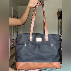 Calvin Klein Black Nylon Tote Bag Brown Faux Leather Trim Zip Close Pockets